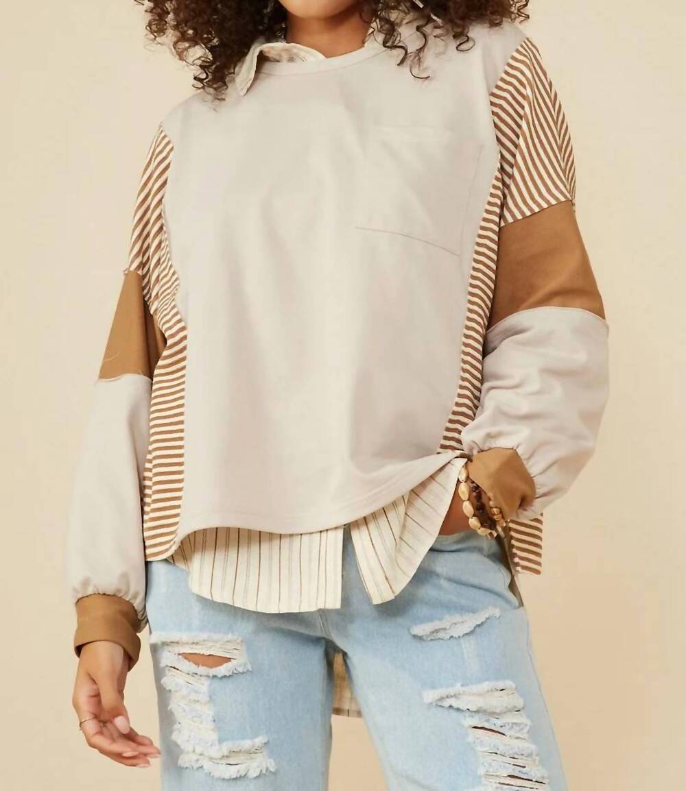 NEW HAYDEN LA stripe and color block sleeve detail knit top in taupe